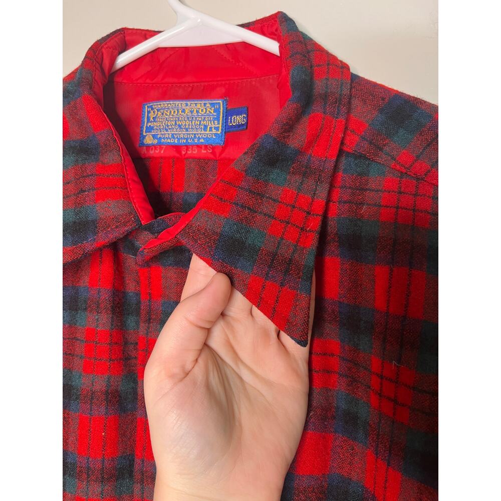 1970s Pendleton Red Spruce Green Christmas Plaid Wool Dagger Collar Shirt L Long - Picture 3 of 7
